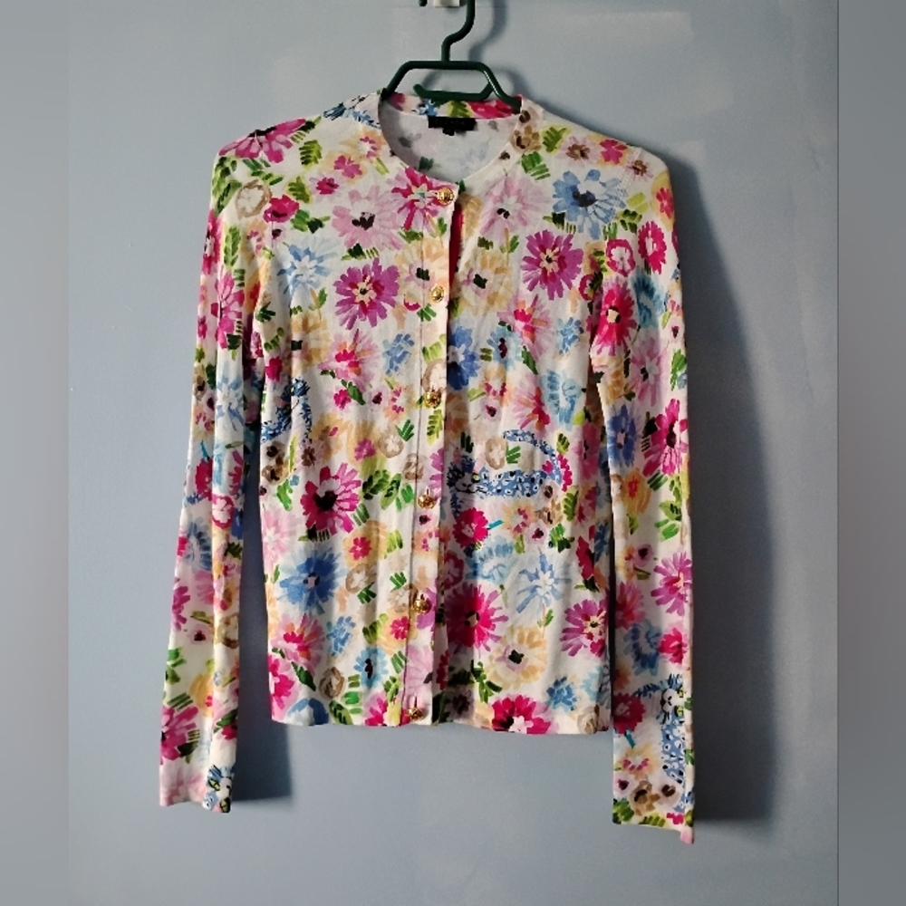ESCADA Cats + Floral Print Cotton Blend Gold Button Cardigan XS